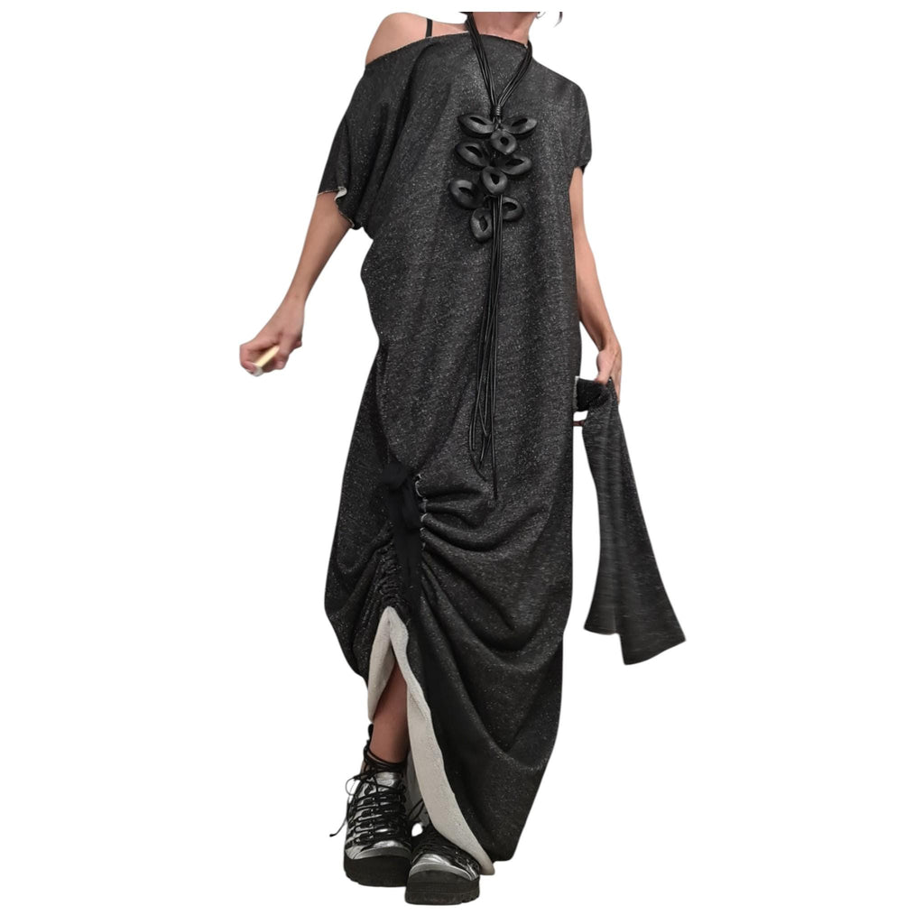 Black Silver Maxi Dress: One Shoulder, Loose Oversize Tunic