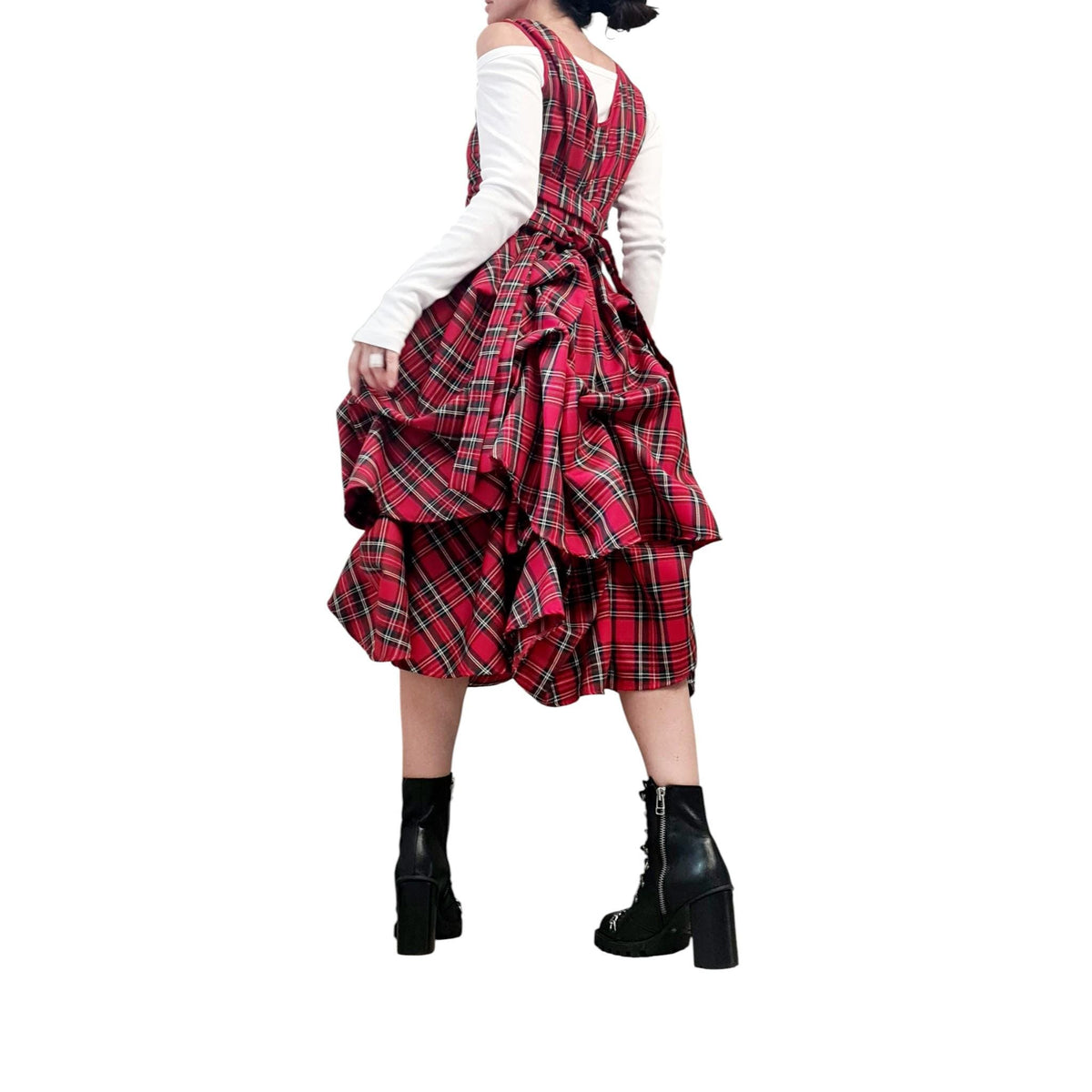 Dark Green Tartan Asymmetric Gown | Sleeveless Knee-Length Dress with Adjustable Skirt