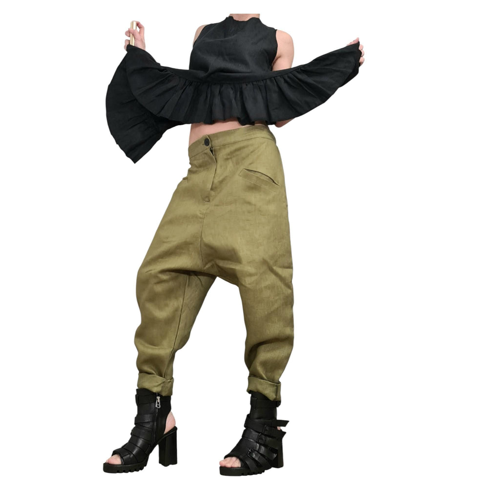 Military Green Linen Harem Pants for Women, Wide Drop Crotch Trousers, Loose Summer Pants