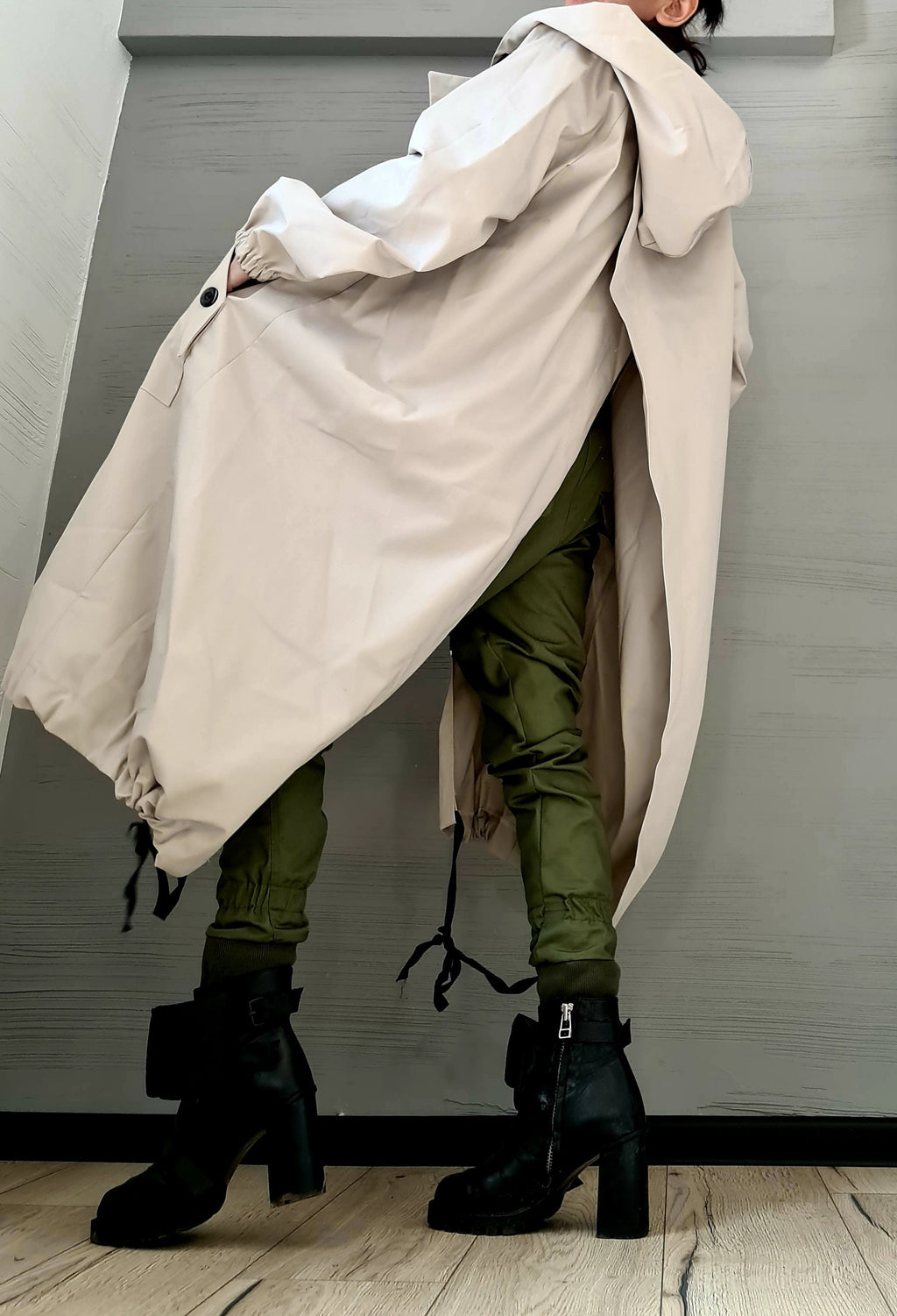 Light Beige Asymmetrical Hooded Trench Coat, Ripstop Jacket with Overlapping Open Back