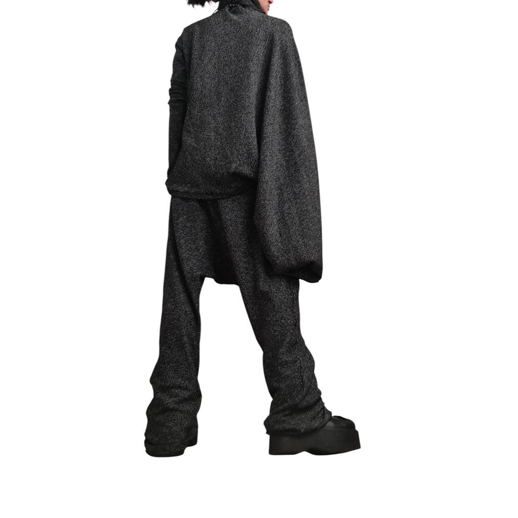 Black Knit Drop Crotch Harem Pants, Oversized Asymmetrical Blouse, Two-Piece Co-Ord Set, Plus Size