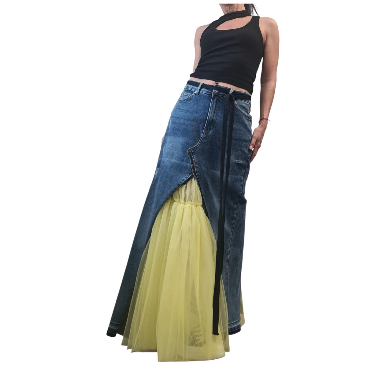 Denim Tulle Maxi Skirt, Asymmetric Plus Sizw Skirt, Deconstructed Womens Clothing