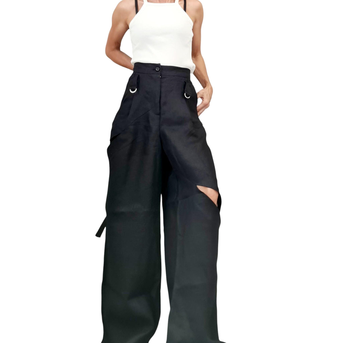Black Linen Harem Pants for Women, Gothic Wide Leg Trousers with Asymmetric Slits