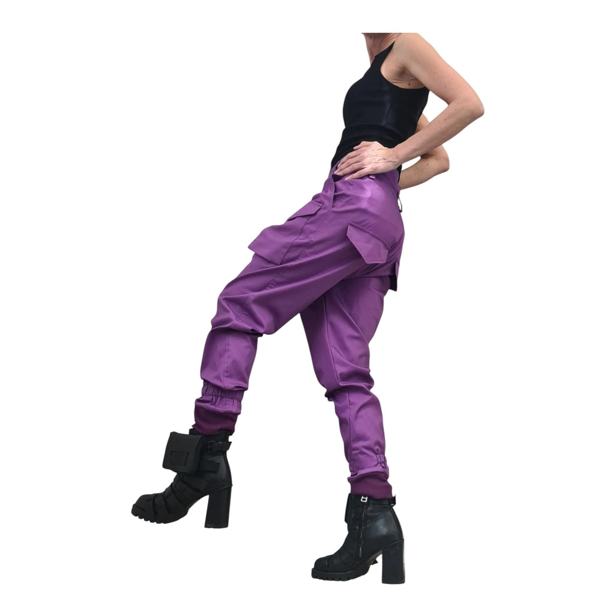 Purple Cargo Harem Pants, Drop Crotch Tapered Leg, Cotton Trousers