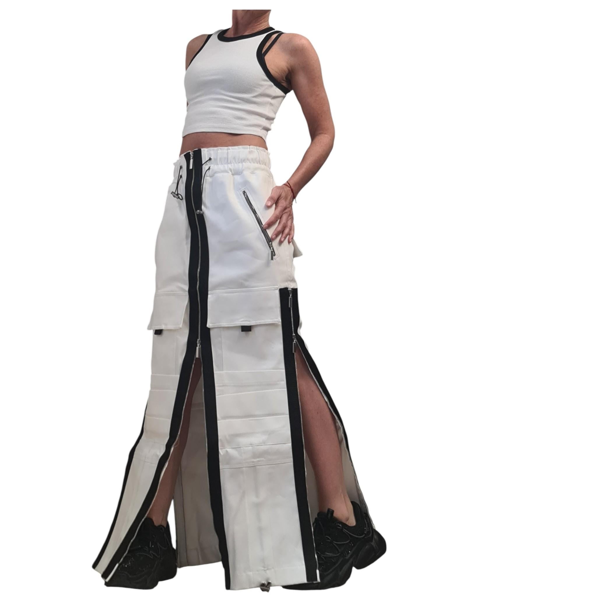 White Denim Maxi Skirt, Black Zipper Details, Cargo Pocket Skirt Avant Garde Clothing