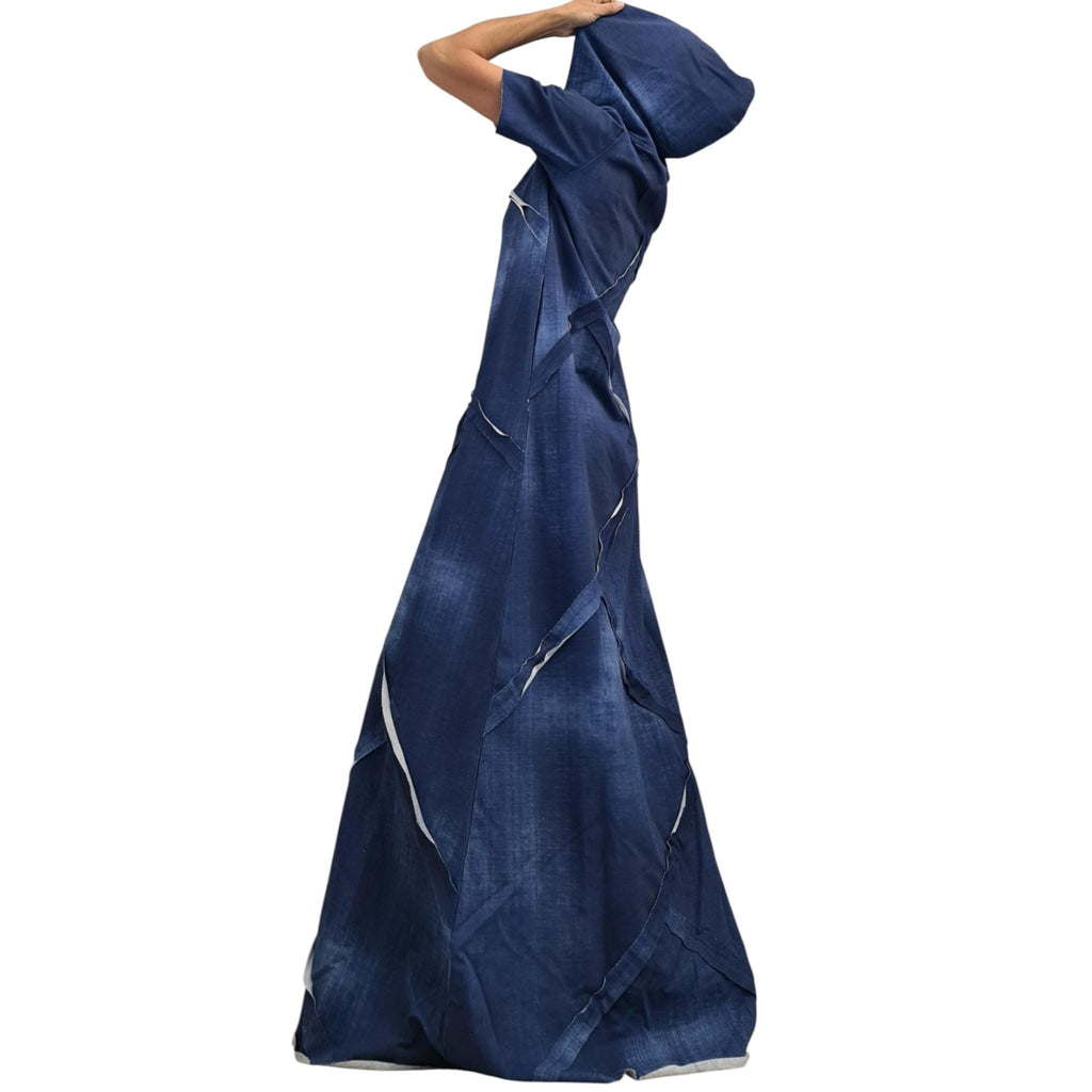 Hooded Long Cotton Dress, Loose Avant Garde Dress for Women, Printed Denim Effect