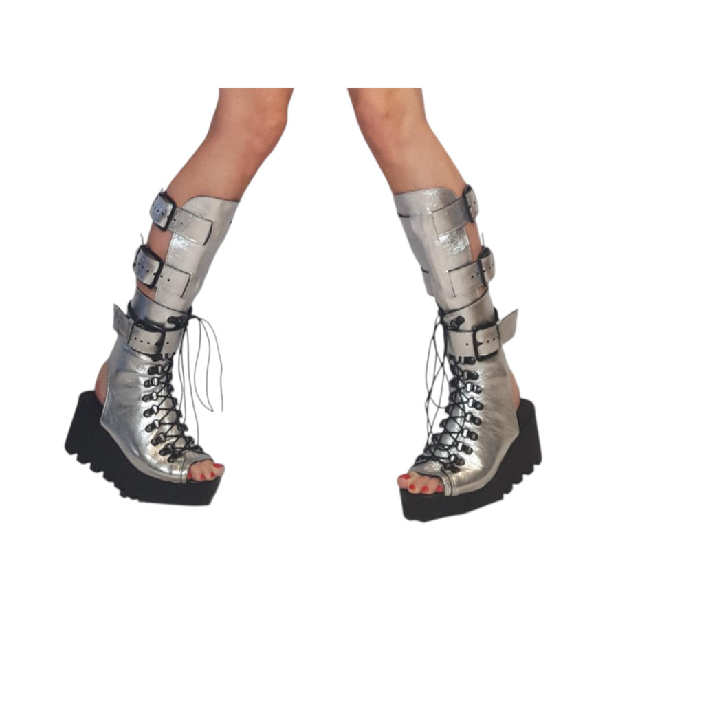 Silver Greek Sandals, Platform Gladiator Shoes, Open Toe Leather Footwear