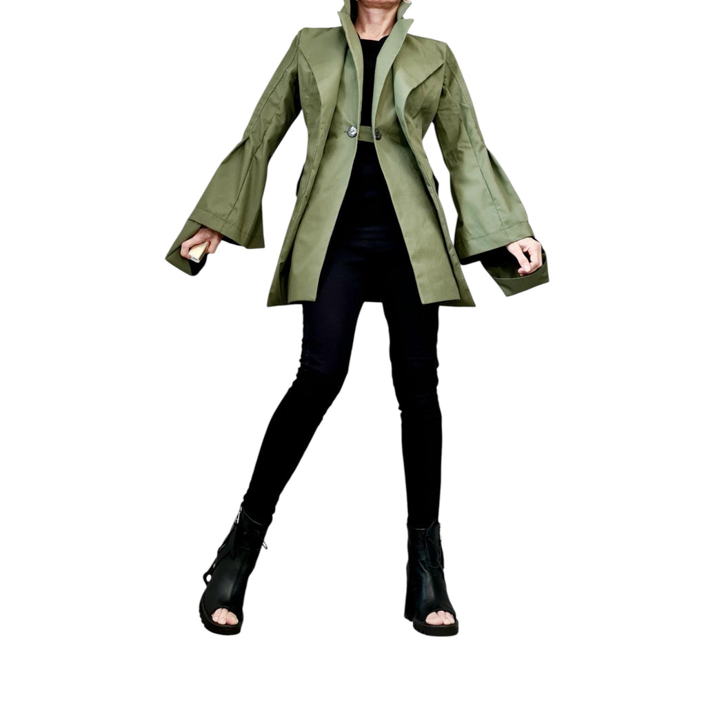 Olive Green Cotton Asymmetric Blazer, Fitted Long Jacket, Flared Sleeve Coat
