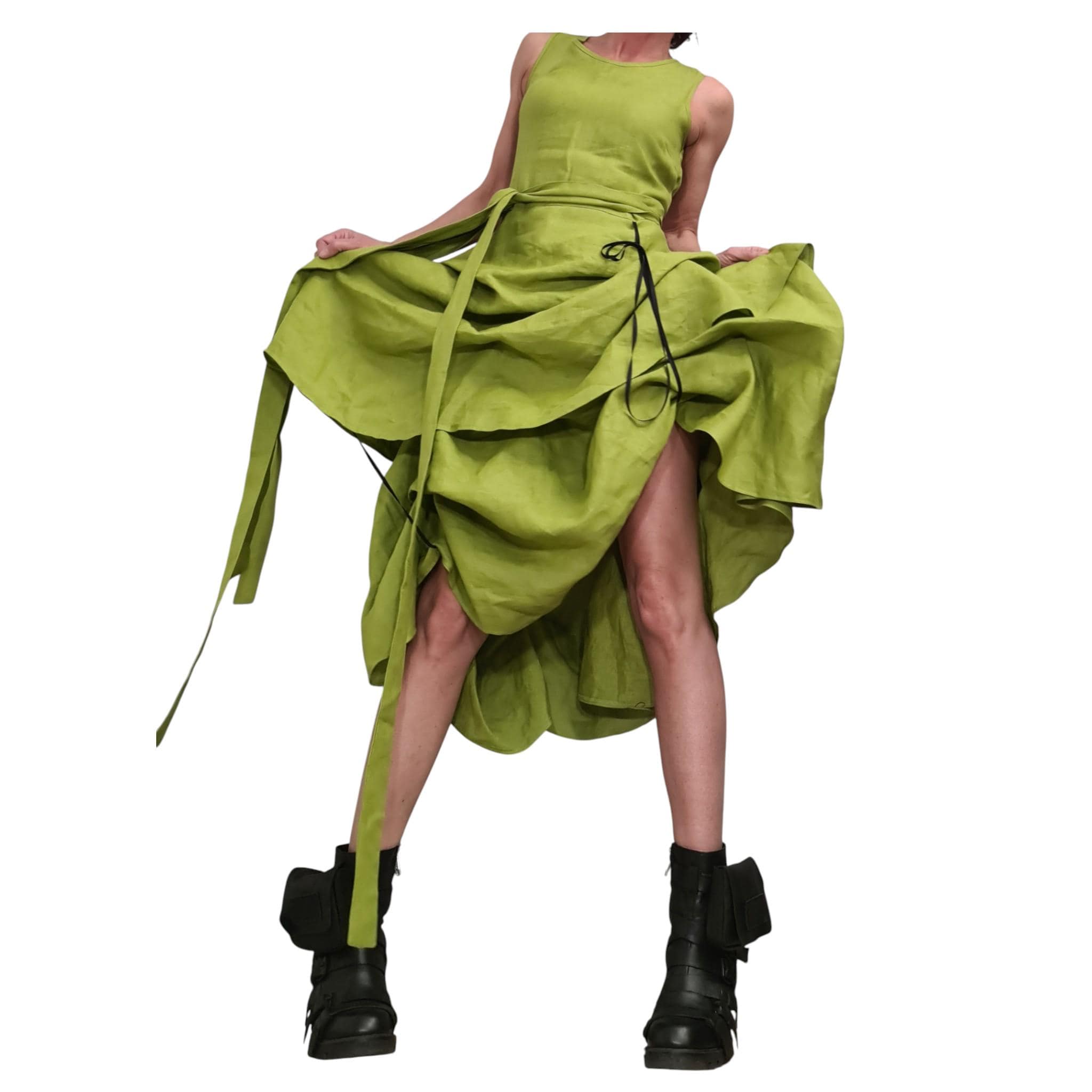 Lime Linen Asymmetric Dress for Women, Sleeveless Layered Midi Dress, Adjustable Avant garde Skirt
