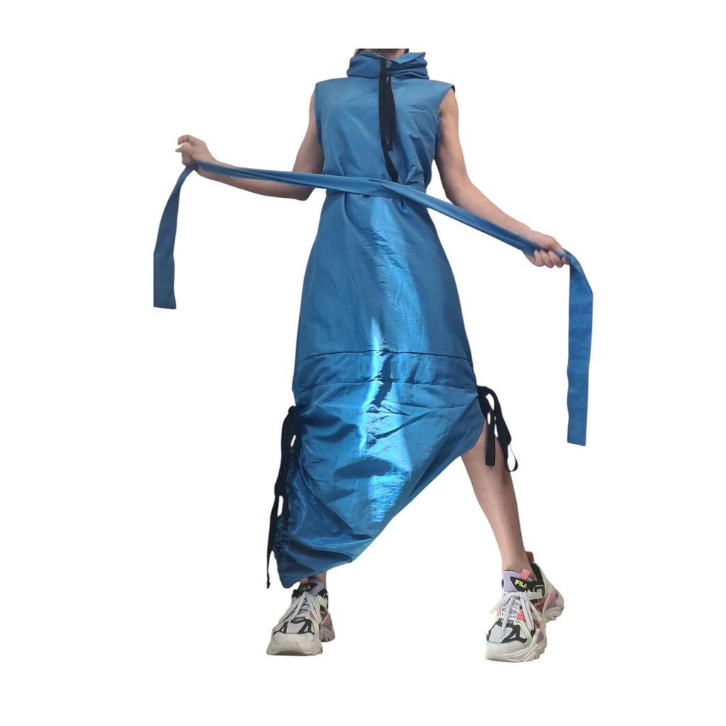 Blue Asymmetric Taffeta Dress, Sleeveless Cocktail Maxi Dress