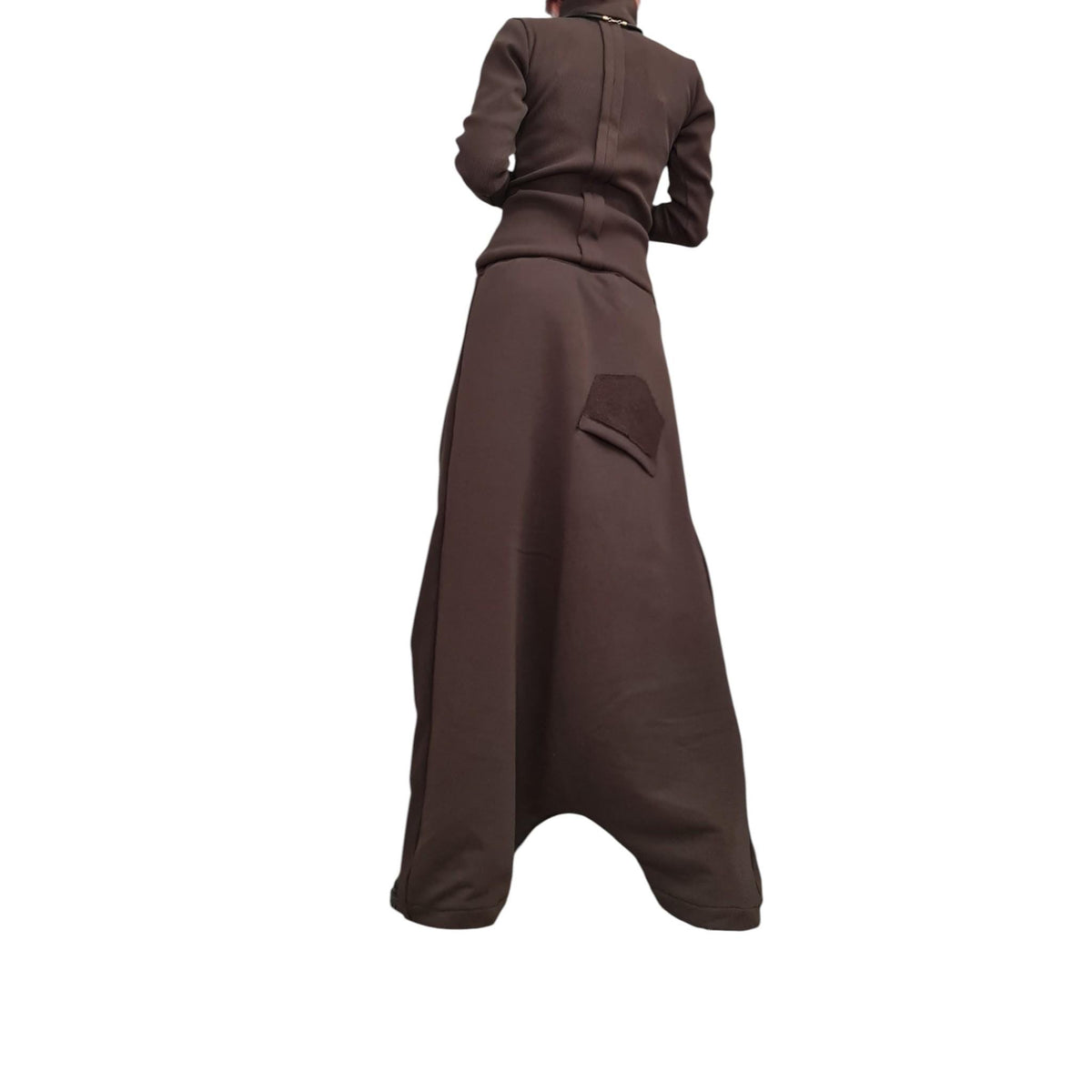 Brown Cotton Floor-Length Harem Pants, Extreme Drop Crotch, Fitted Turtleneck Long-Sleeve Top, Co-Ord Set