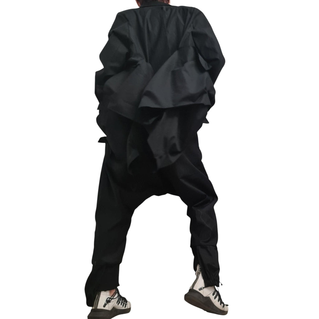 Linen Avant Garde Jacket and Harem Pants Set, Asymmetric Open Back Women's Wear