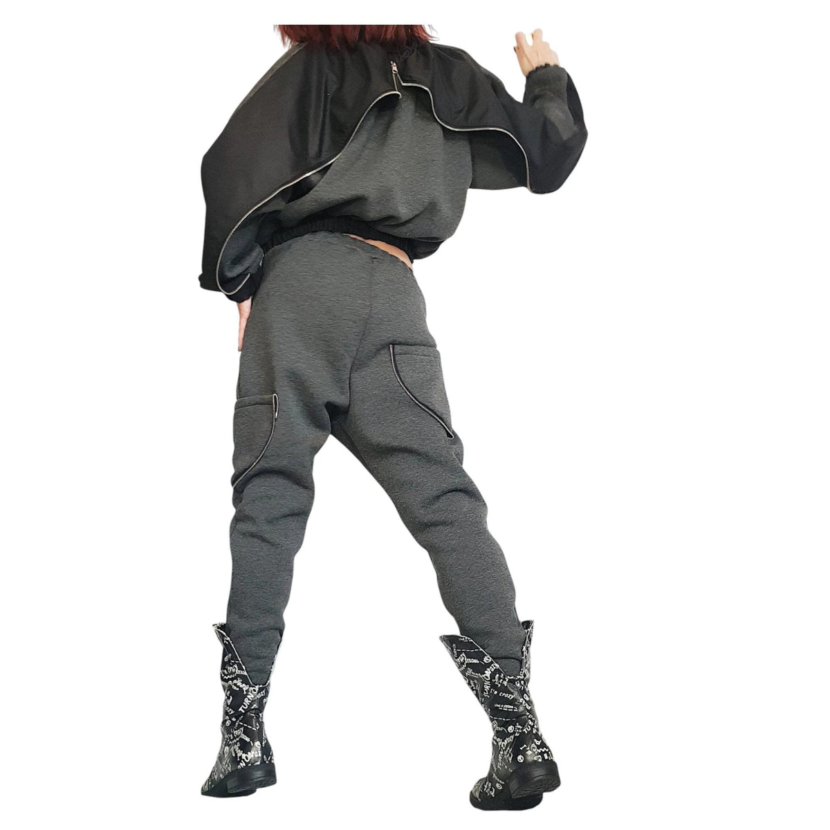 Grey Cotton Drop Crotch Pants, Asymmetrical Cropped Jacket, Black Contrast Panels, Two-Piece Co-Ord Set