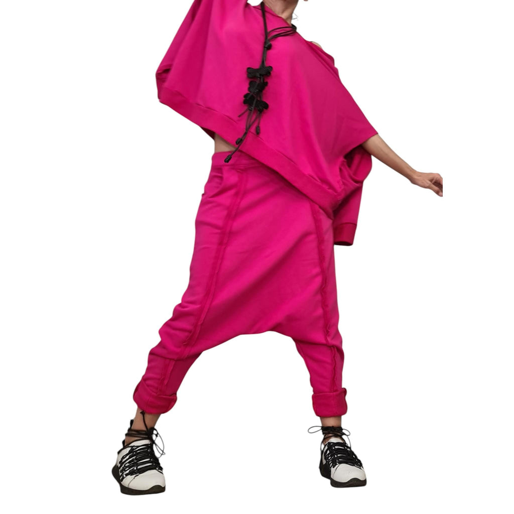 Fuchsia Cotton Drop Crotch Harem Pants, Oversized Asymmetrical Top, Exposed Seams, Two-Piece Co-Ord Set