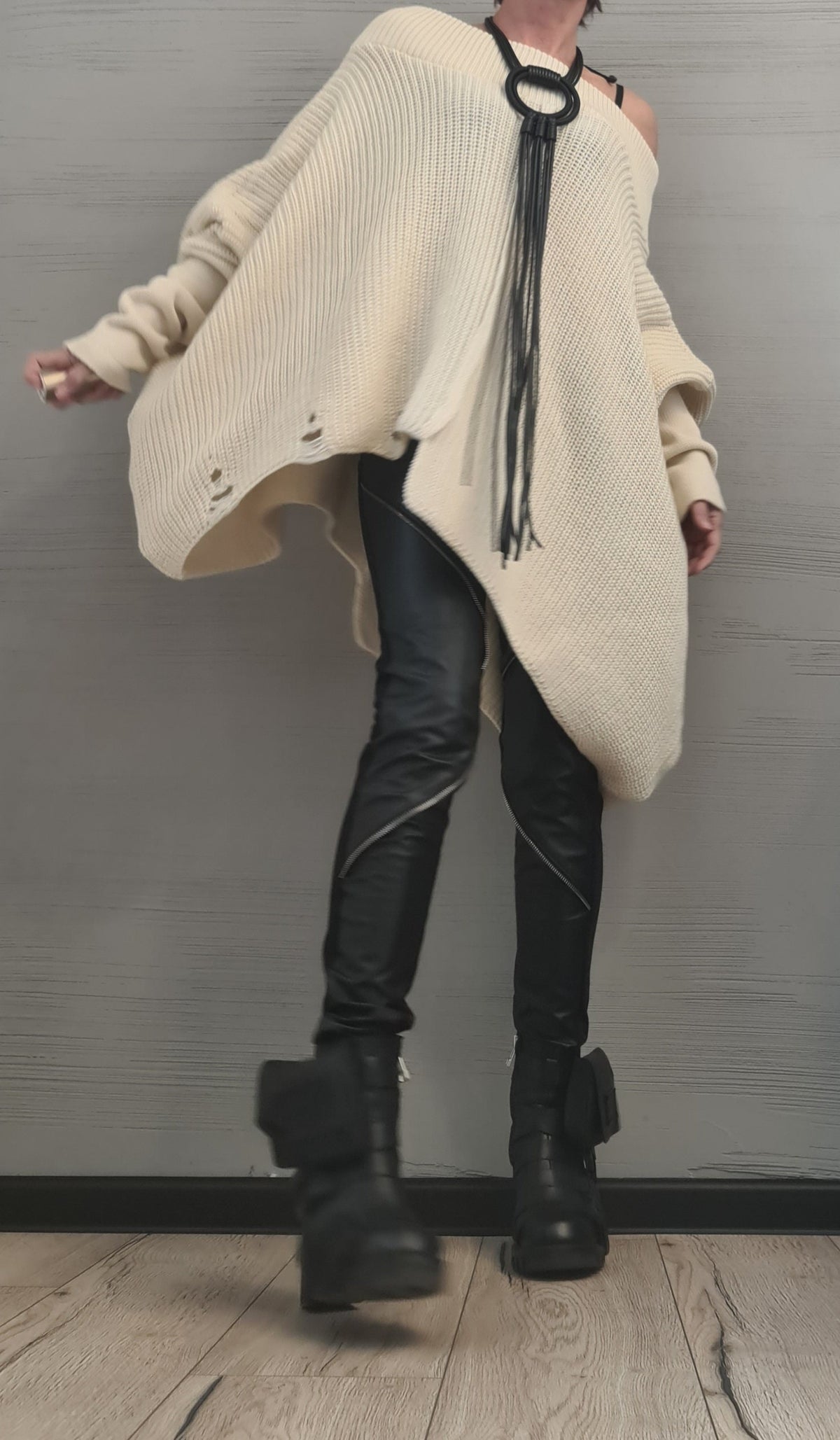 Mint Asymmetrical Knitted Tunic, Beige Avant Garde Top, Oversized Knit Sweater