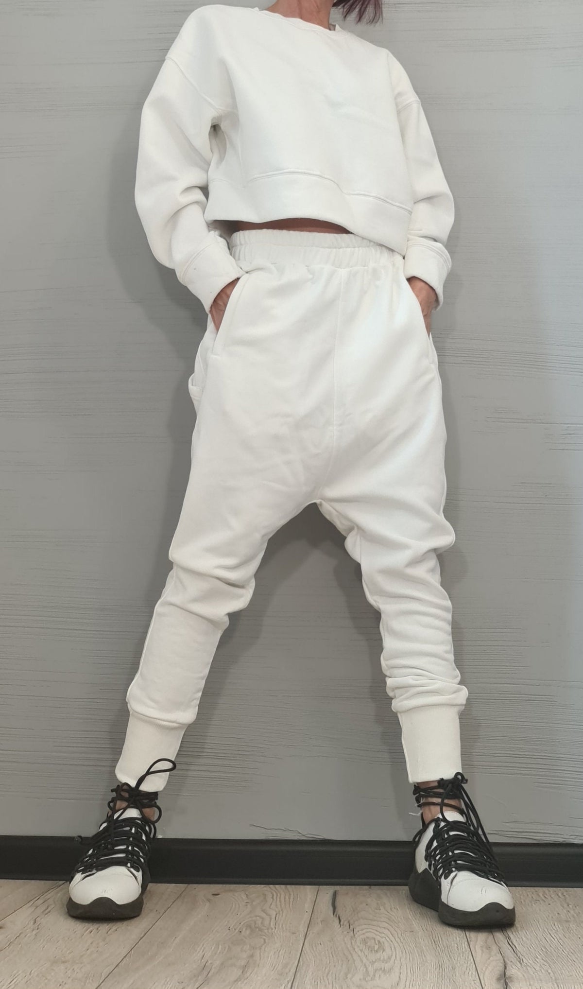 White Cotton Drop Crotch Harem Pants, French Terry Blouse Set