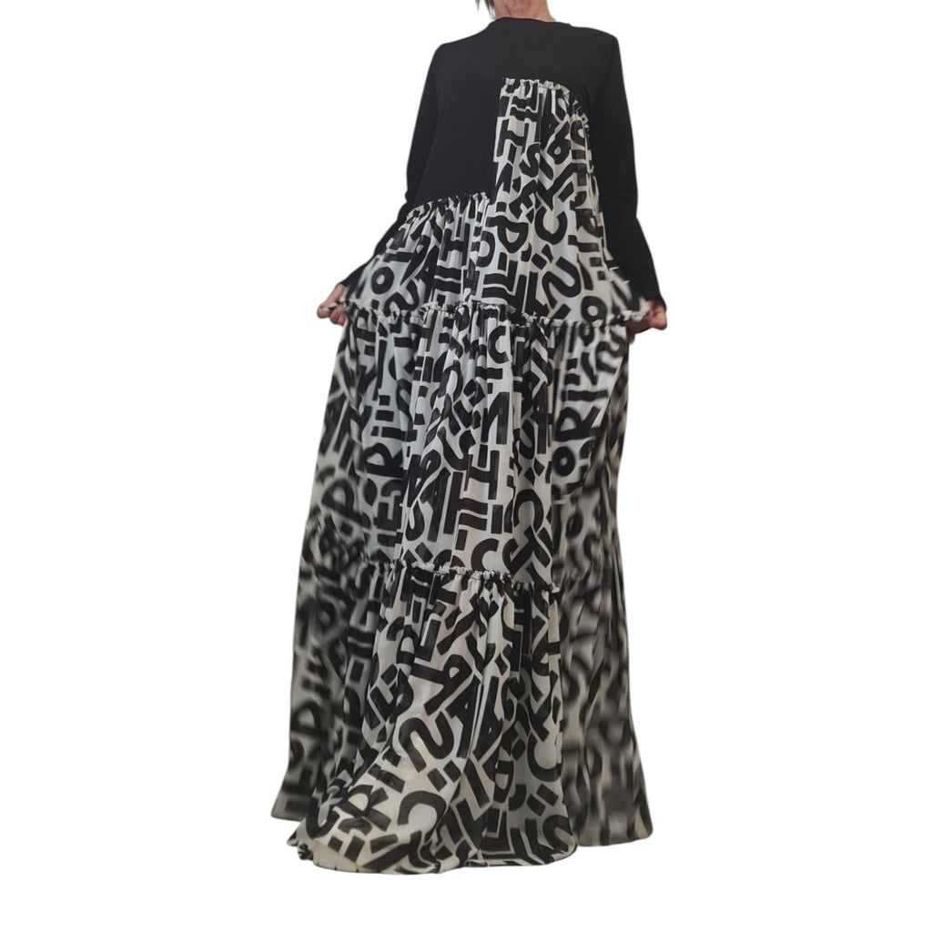 Avant Garde Black Maxi Dress, Cotton Tulle Letters Print, Asymmetrical Gown, Dress for Women