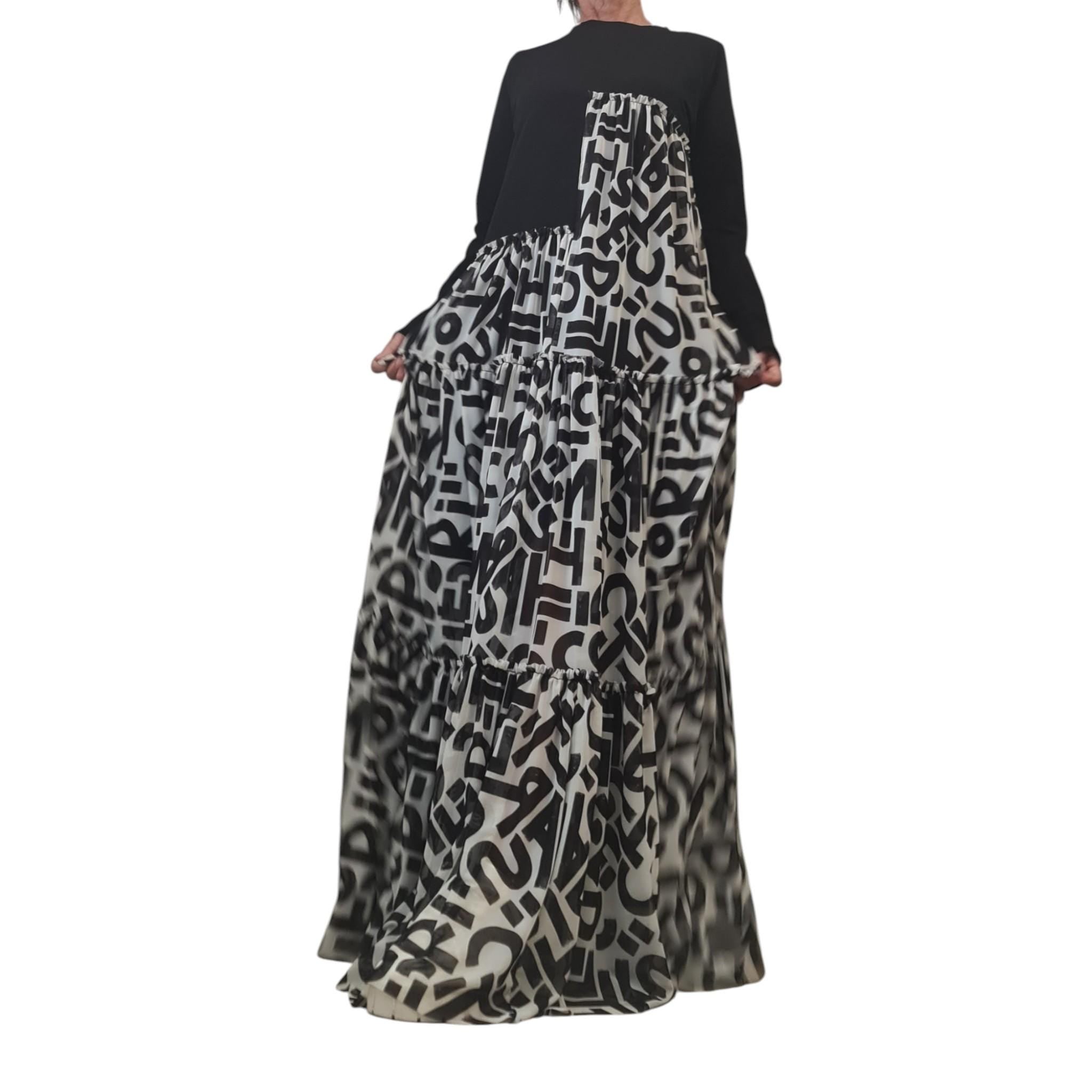 Avant Garde Black Maxi Dress, Cotton Tulle Letters Print, Asymmetrical Gown, Dress for Women