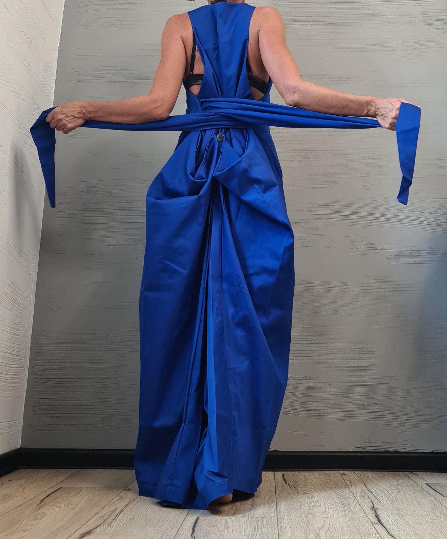 Royal Blue Open Back Maxi Dress, Sleeveless Loose Fit, Wide Silhouette, Adjustable Summer Design