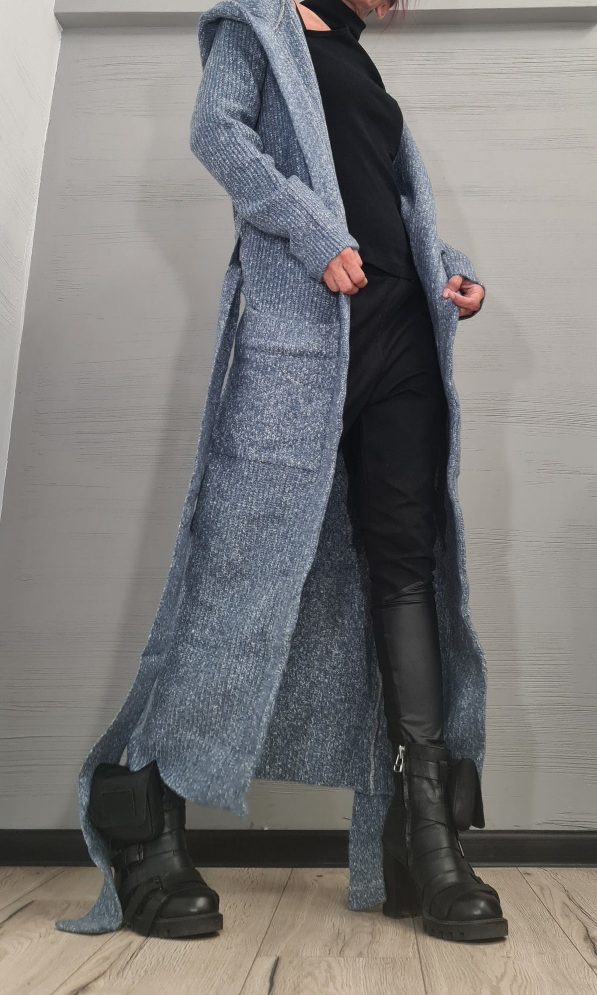 Blue Mohair Hooded Maxi Cardigan, Oversized Knit Cloak, Plus Size Sweater