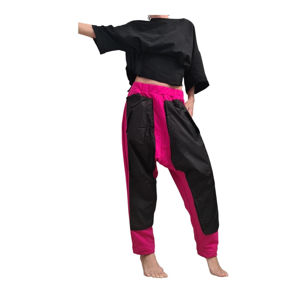 Fuchsia Harem Pants, Black Cargo Pockets, French Terry Tapered Leg Joggers