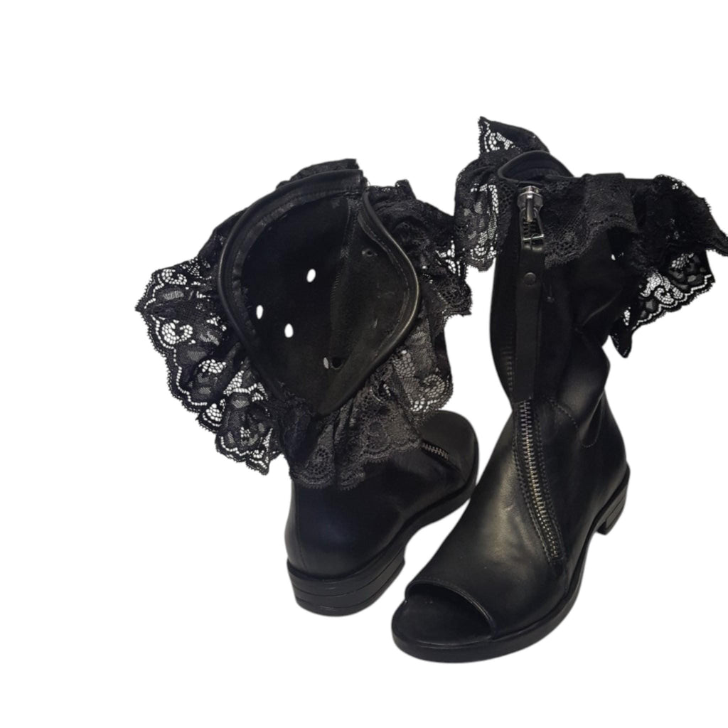 Black Leather Open Toe Boots, Mid Calf Zipper Booties, Asymmetrical Lace Gothic Handmade Shoes