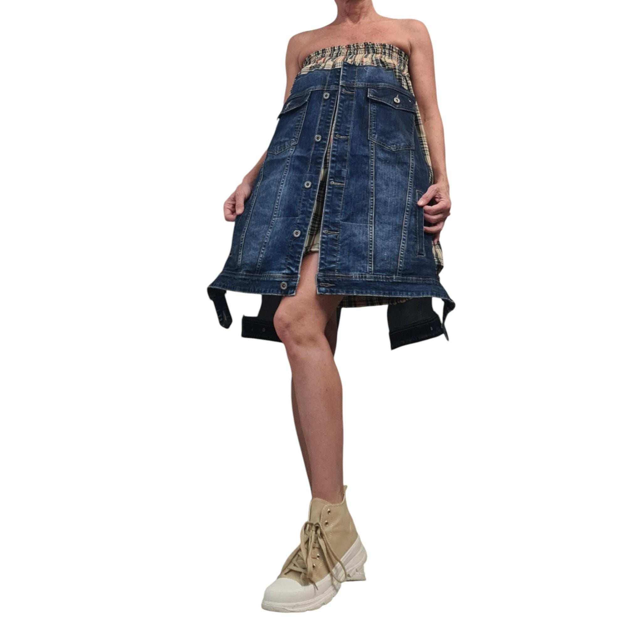 Avant Garde Denim and Plaid Midi Skirt with Cargo Style Pockets, Artistic Designer Streetwear, Handmade Custom Made Statement Fashion