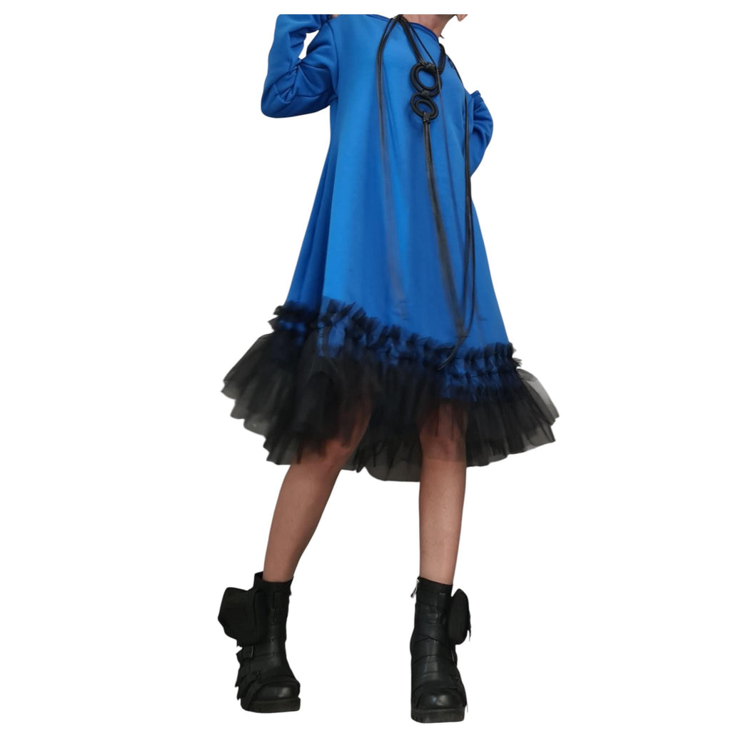 Royal Blue Off Shoulder Dress - Black Tulle Hem, Loose Fit