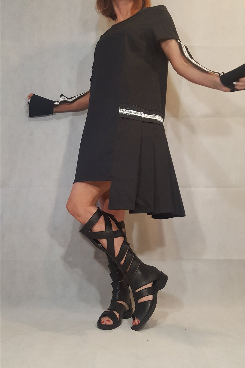 Black Asymmetric Dress, Gothic Tunic, Short Long Sleeve, Avant Garde Dress for Women