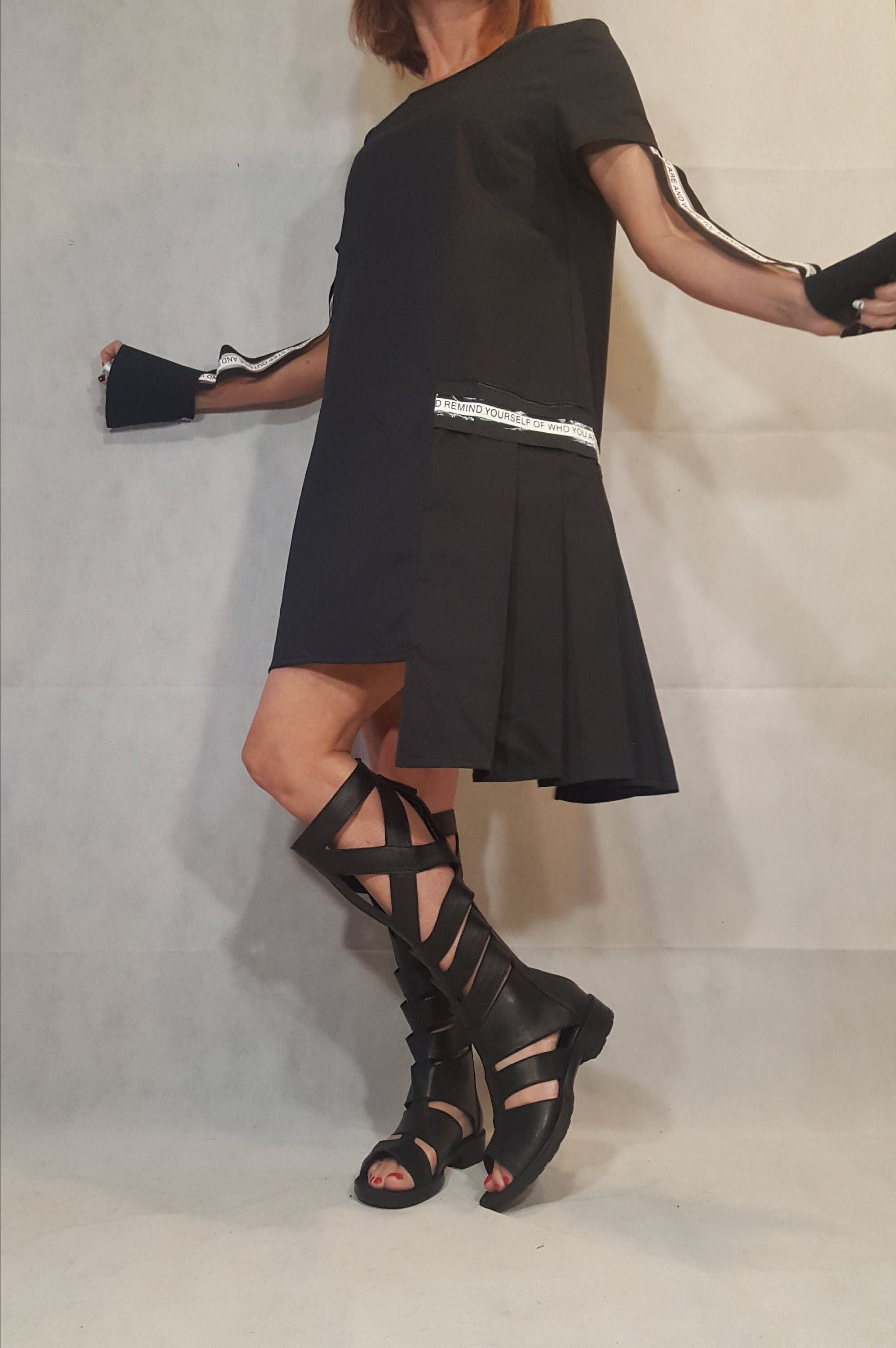 Black Asymmetric Dress, Gothic Tunic, Short Long Sleeve, Avant Garde Dress for Women