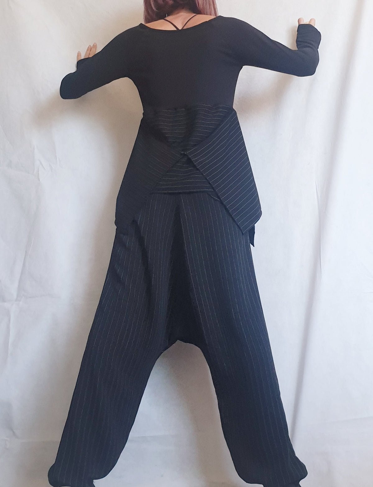 Black Pinstripe Drop Crotch Harem Pants, Asymmetrical Long Tunic, Thumbhole Sleeves, Two-Piece Co-Ord Set