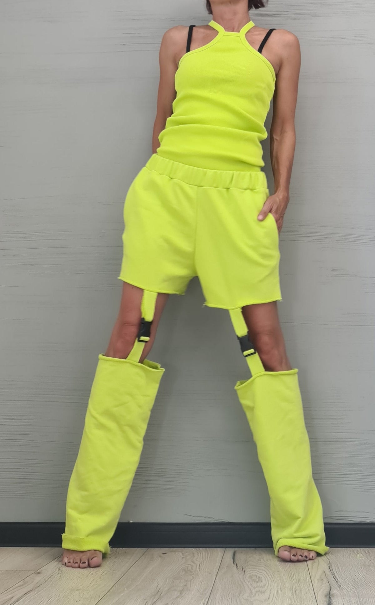 Lime Cotton Shorts, Detachable Pant Legs, Sleeveless Top, Convertible Two Piece Co-Ord Set
