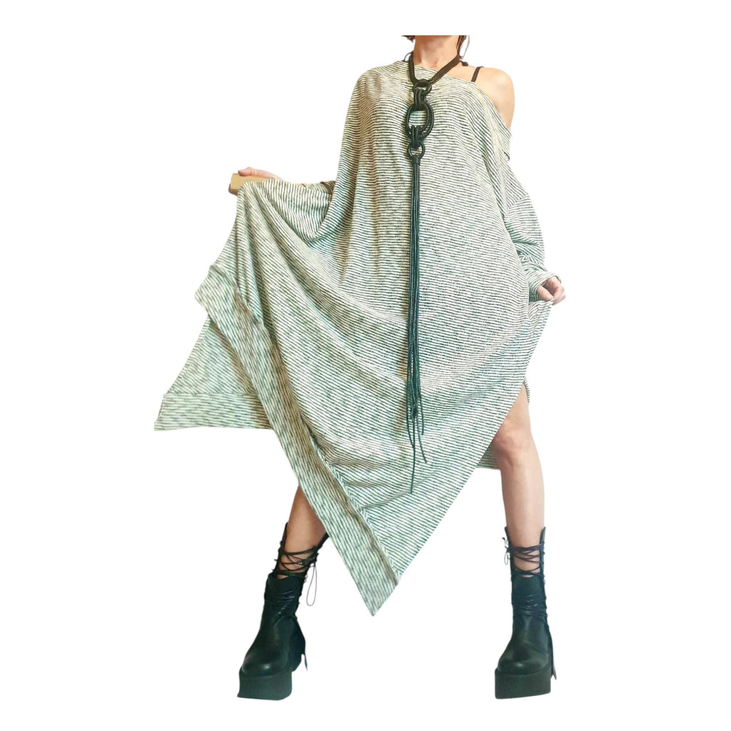 One Shoulder Maxi Dress: Striped Knit Oversize (Plus Size XS-5XL)