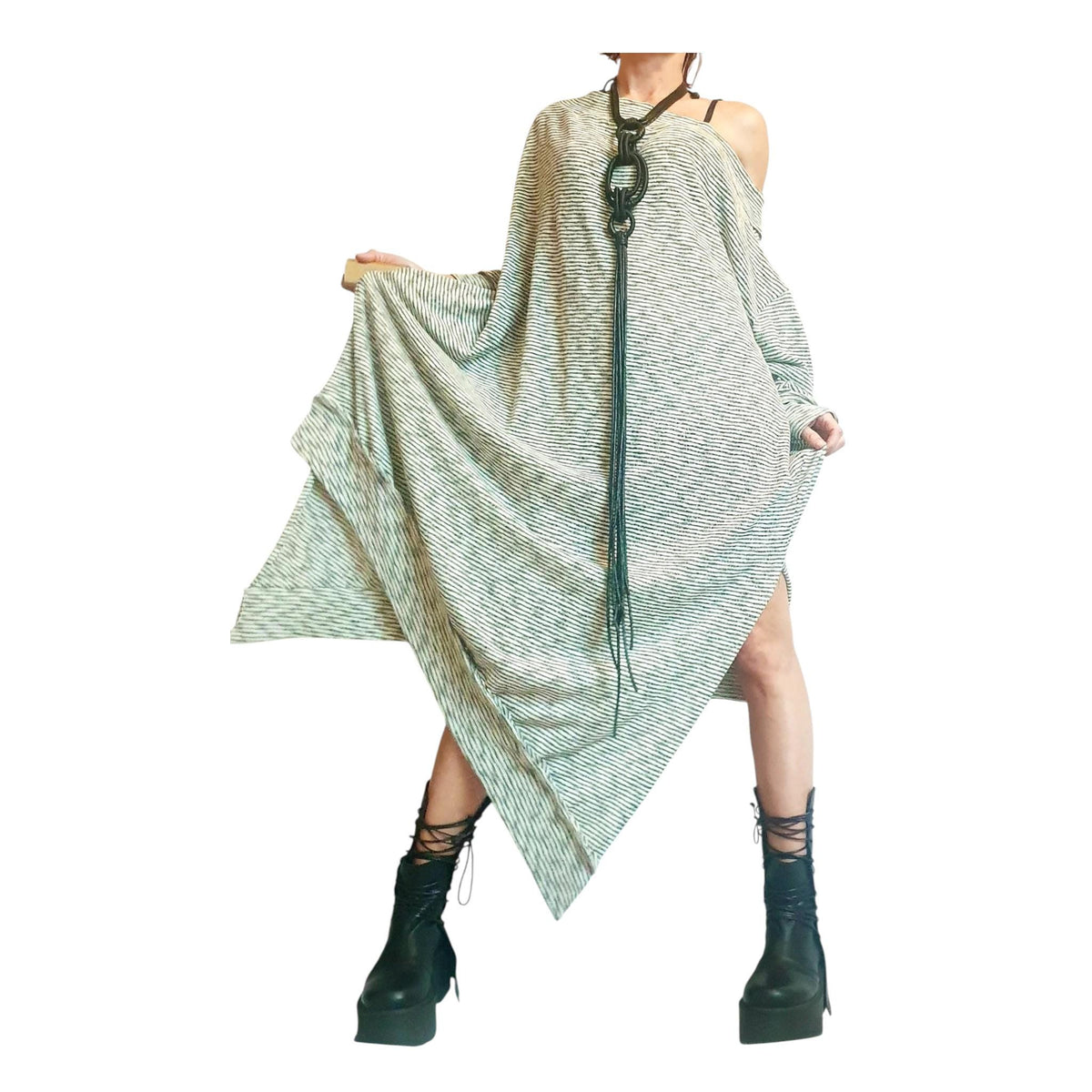 One Shoulder Maxi Dress: Striped Knit Oversize (Plus Size XS-5XL)