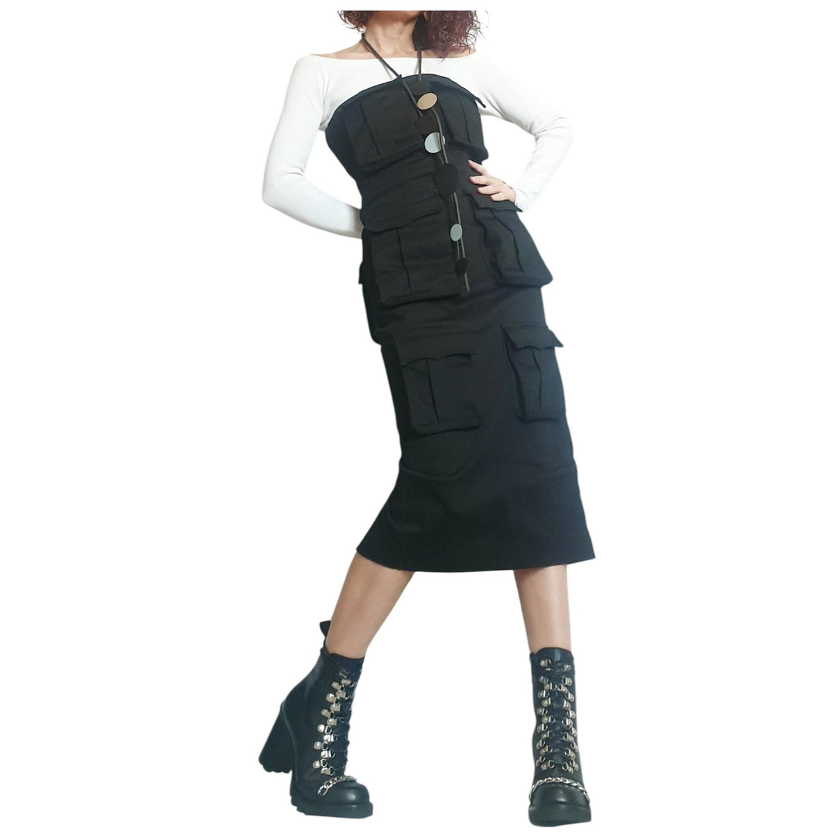 Black Denim Pocket Dress, Gothic Asymmetric Cocktail Fit, Extravagant Design
