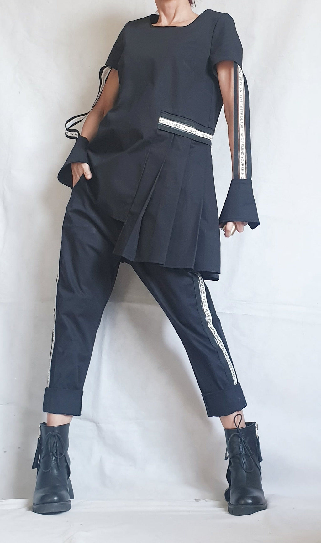 Black Drop Crotch Pants, Asymmetrical Peplum Tunic with Detachable Sleeves, Co-Ord Set