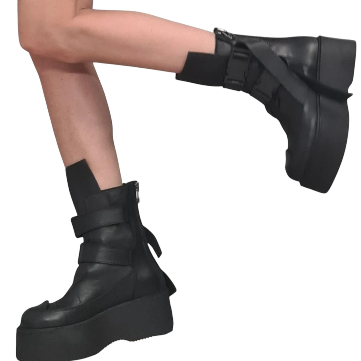 Black Leather Platform Boots, Buckle Strap Ankle Booties, Gothic Grunge Women Footwear