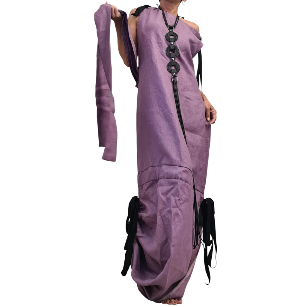 Lavender Linen Maxi Dress, Open Back, Asymmetric One Shoulder Design, Sleeveless Long Dress