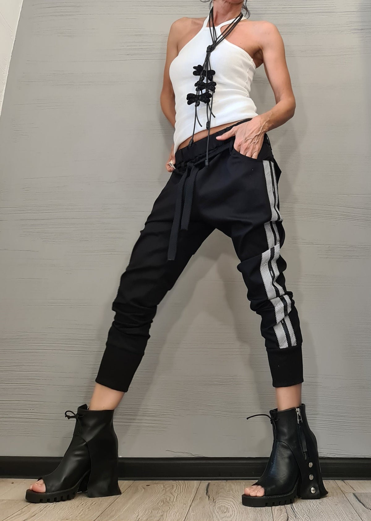 Black Cotton Drop Crotch Pants, Tapered Leg, Slim Fit