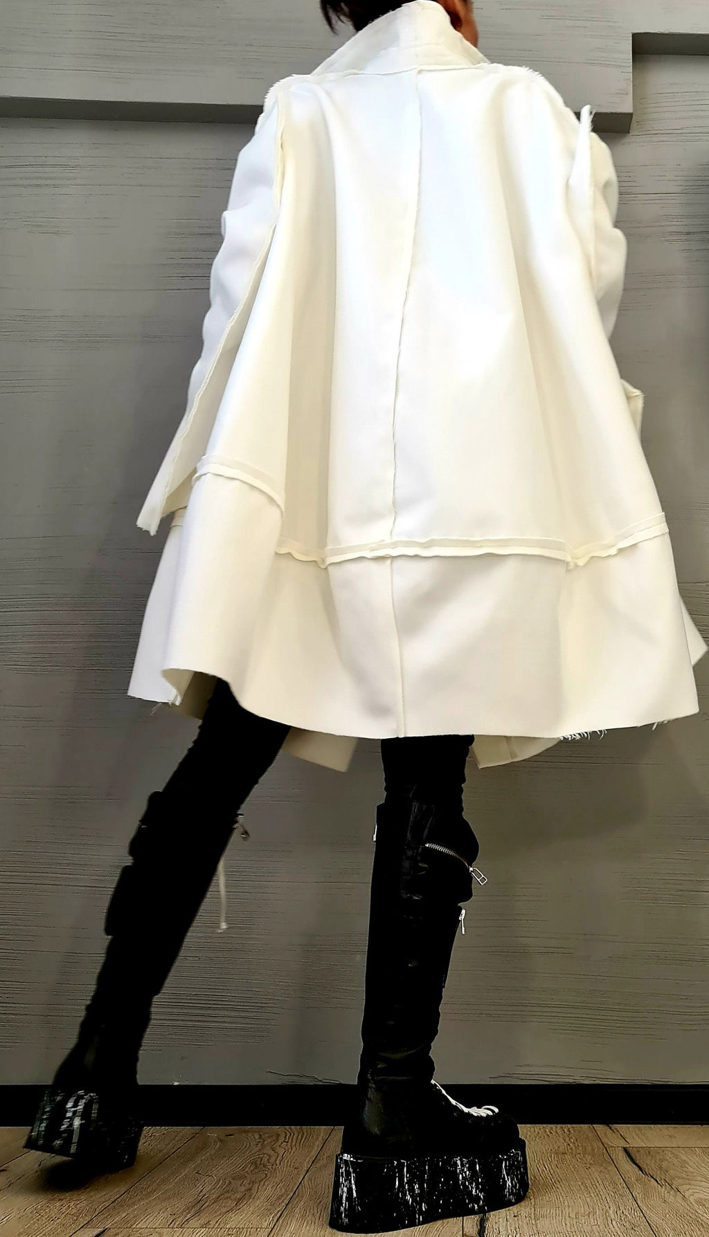 Ivory Oversized Wool Coat, Plus Size Loose Jacket, High Collar Winter Outerwear