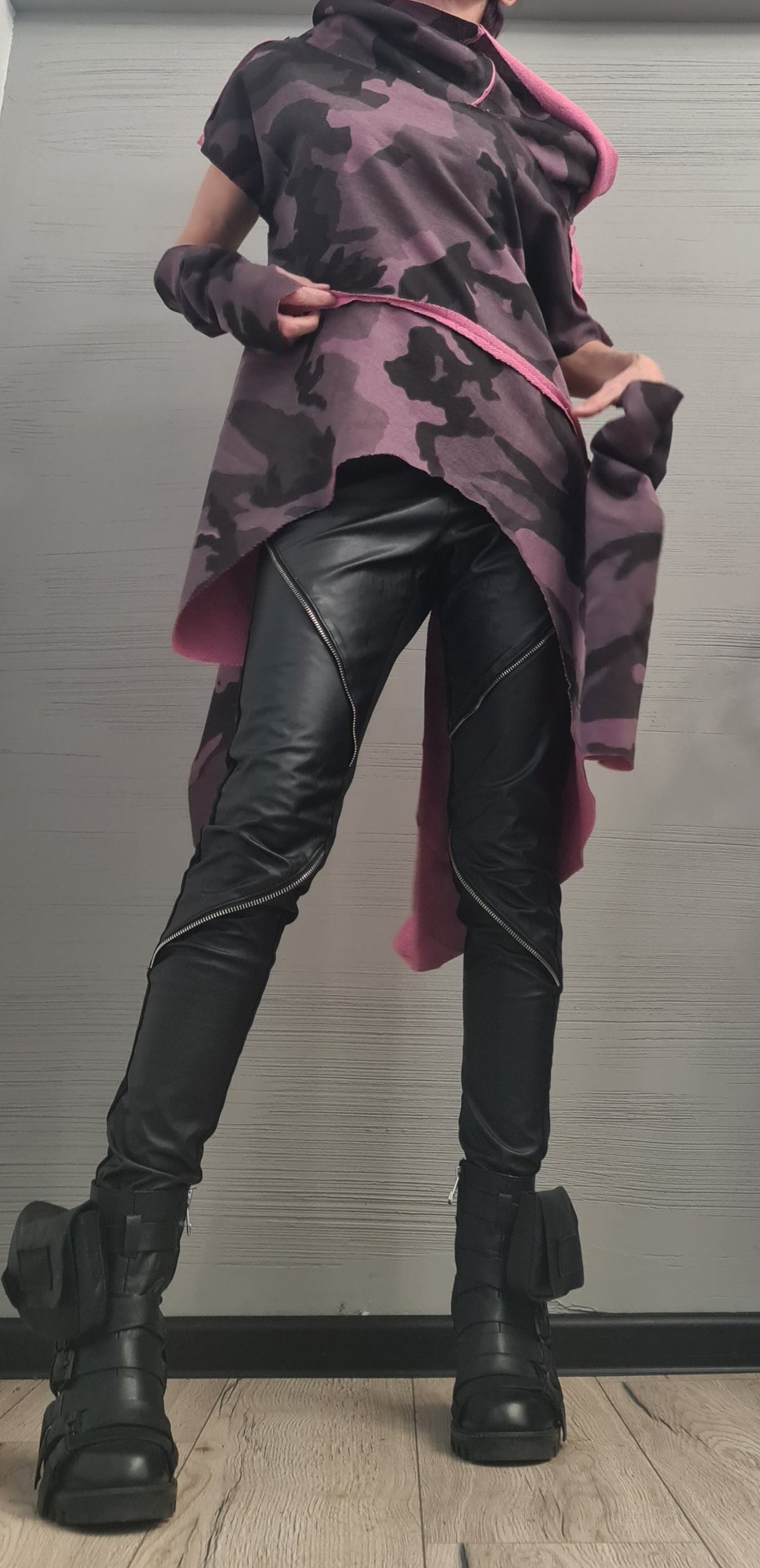 Military Purple Cotton Tunic | Asymmetric One Shoulder Design, Separate Sleeves