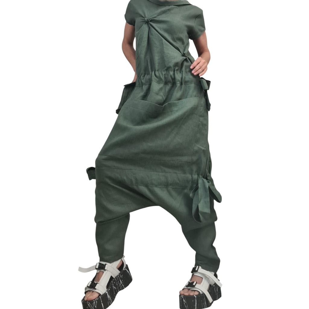 Olive Oil Asymmetric Linen Woman Jumpsuit, Wide Leg Harem Sleeveless Loose Overall