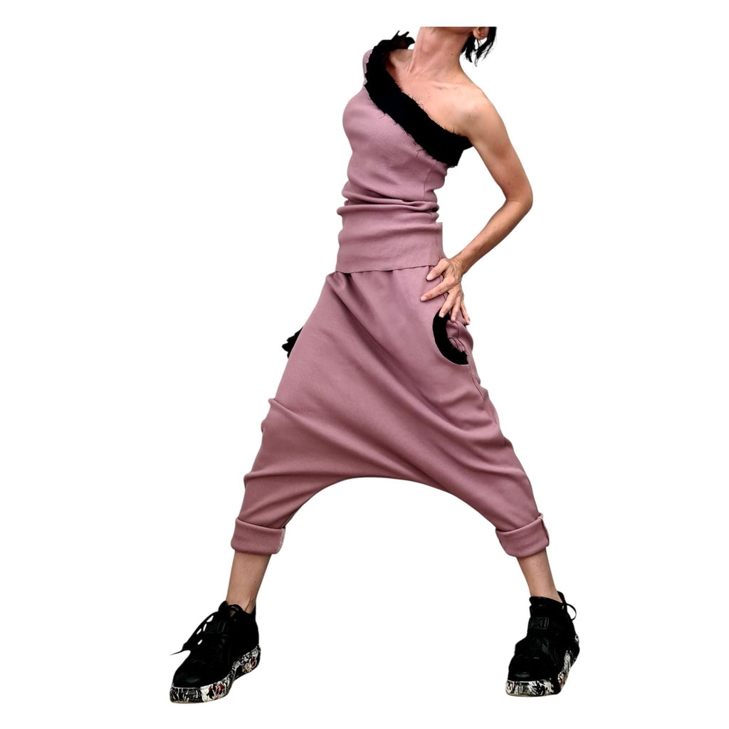 Dusty Rose Cotton Drop Crotch Harem Pants, One-Shoulder Ribbed Top, Black Trim, Co-Ord Set