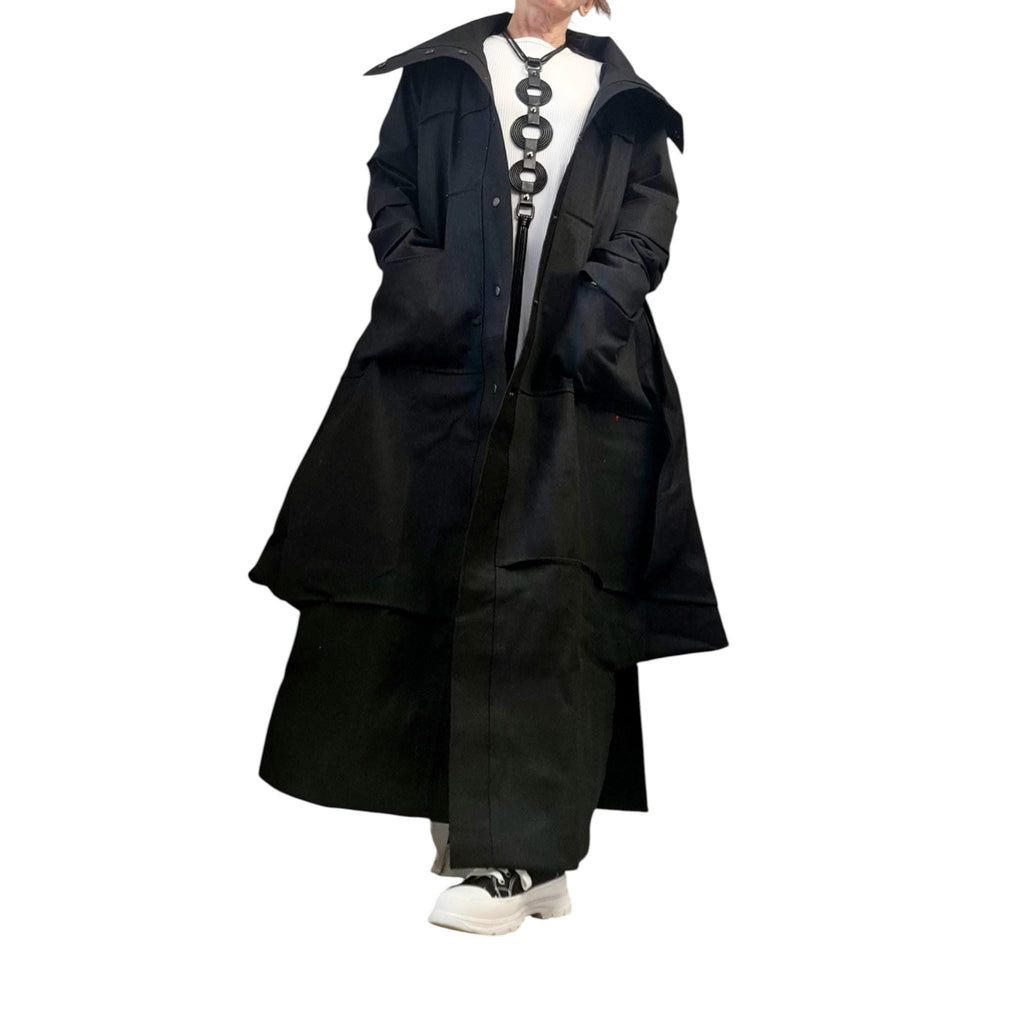 Black Denim Asymmetric Long Trench Coat Oversized Avant Garde Statement Jacket Outfit for Women