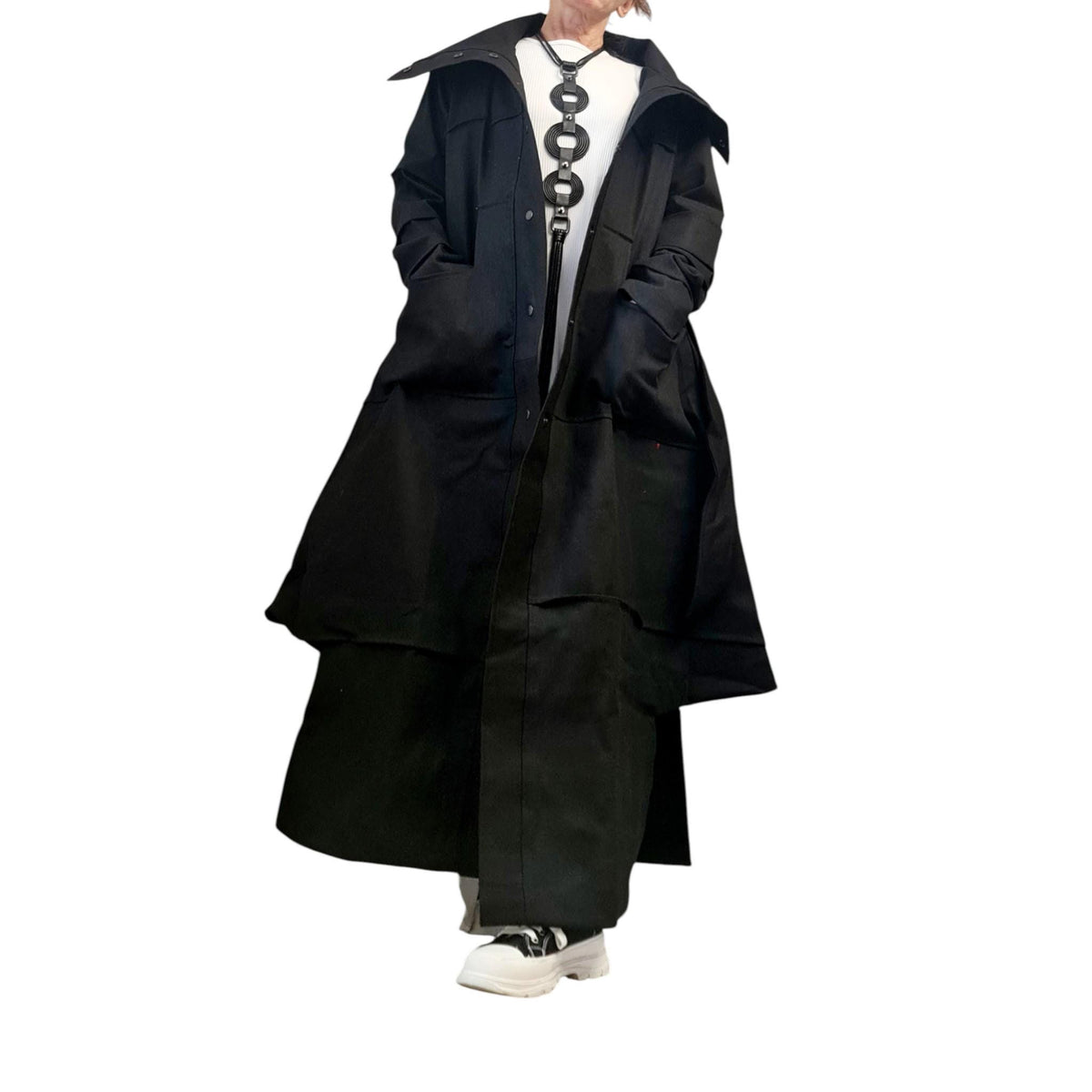 Black Denim Asymmetric Long Trench Coat Oversized Avant Garde Statement Jacket Outfit for Women