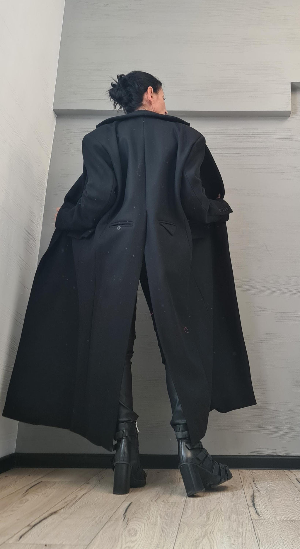 Black Oversized Coat, Floor Length Tailored Overcoat with Back Vent, Plus Size