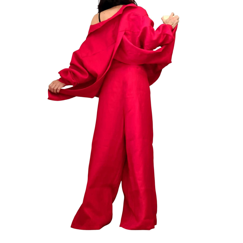 Red Linen Two Piece Women Set, Open Back Shirt, Wide Leg Harem Pants Outfit
