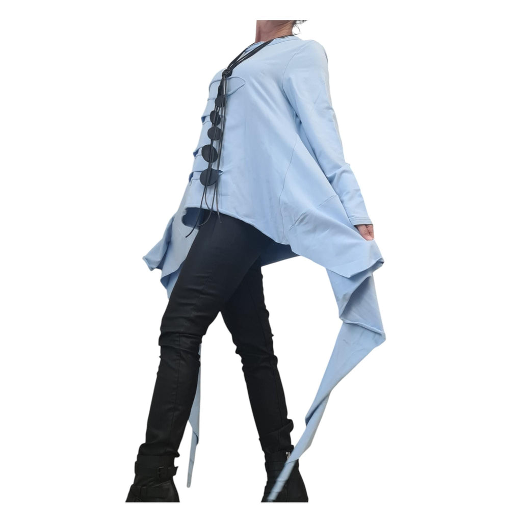Avant Garde Light Blue Cotton Tunic, Deconstructed Asymmetric Top, Loose Oversize Blouse, Long Sleeve