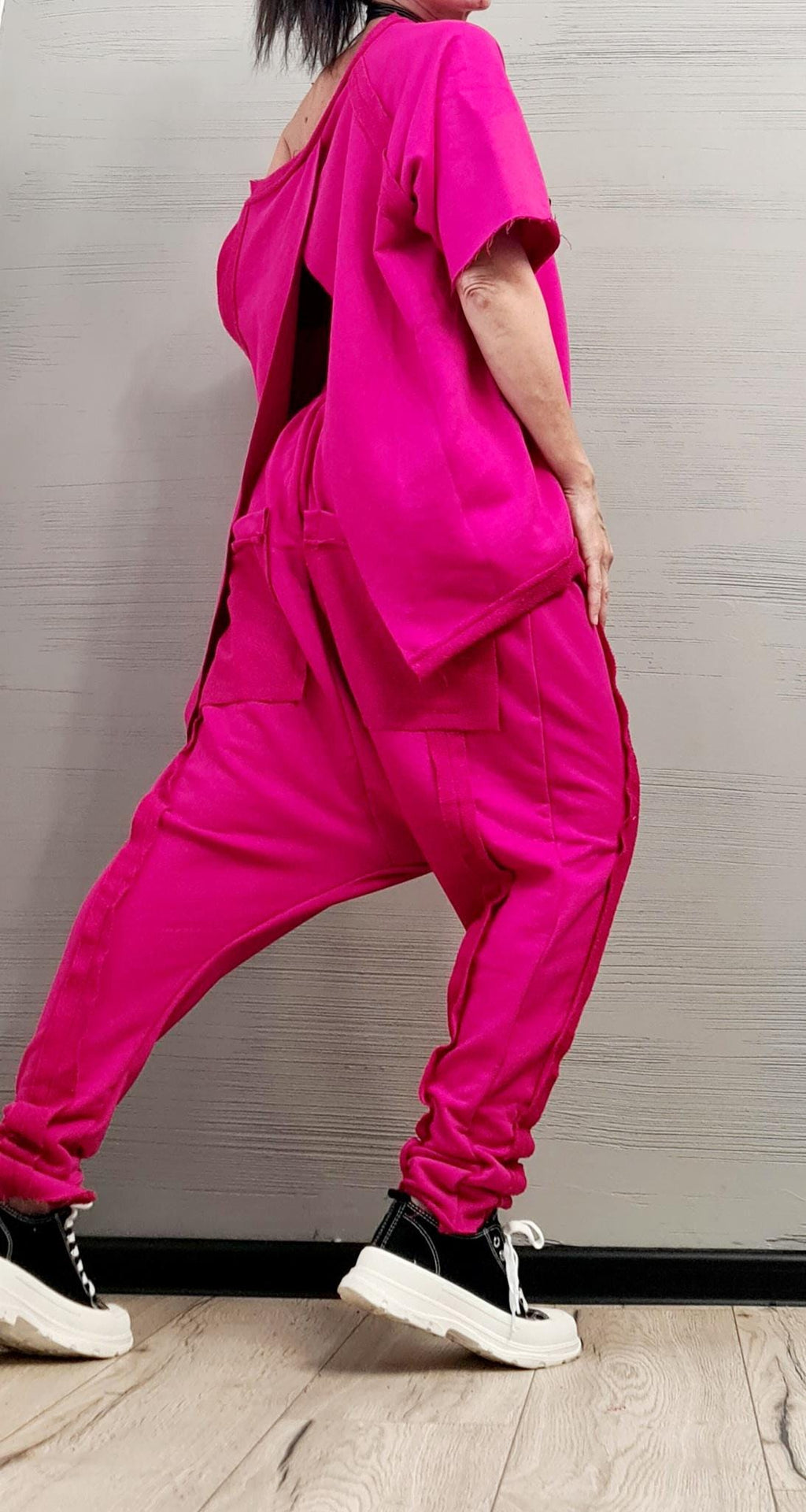 Fuchsia Cotton Drop Crotch Pants, Open Back Off Shoulder Blouse, Two-Piece Co-Ord Set