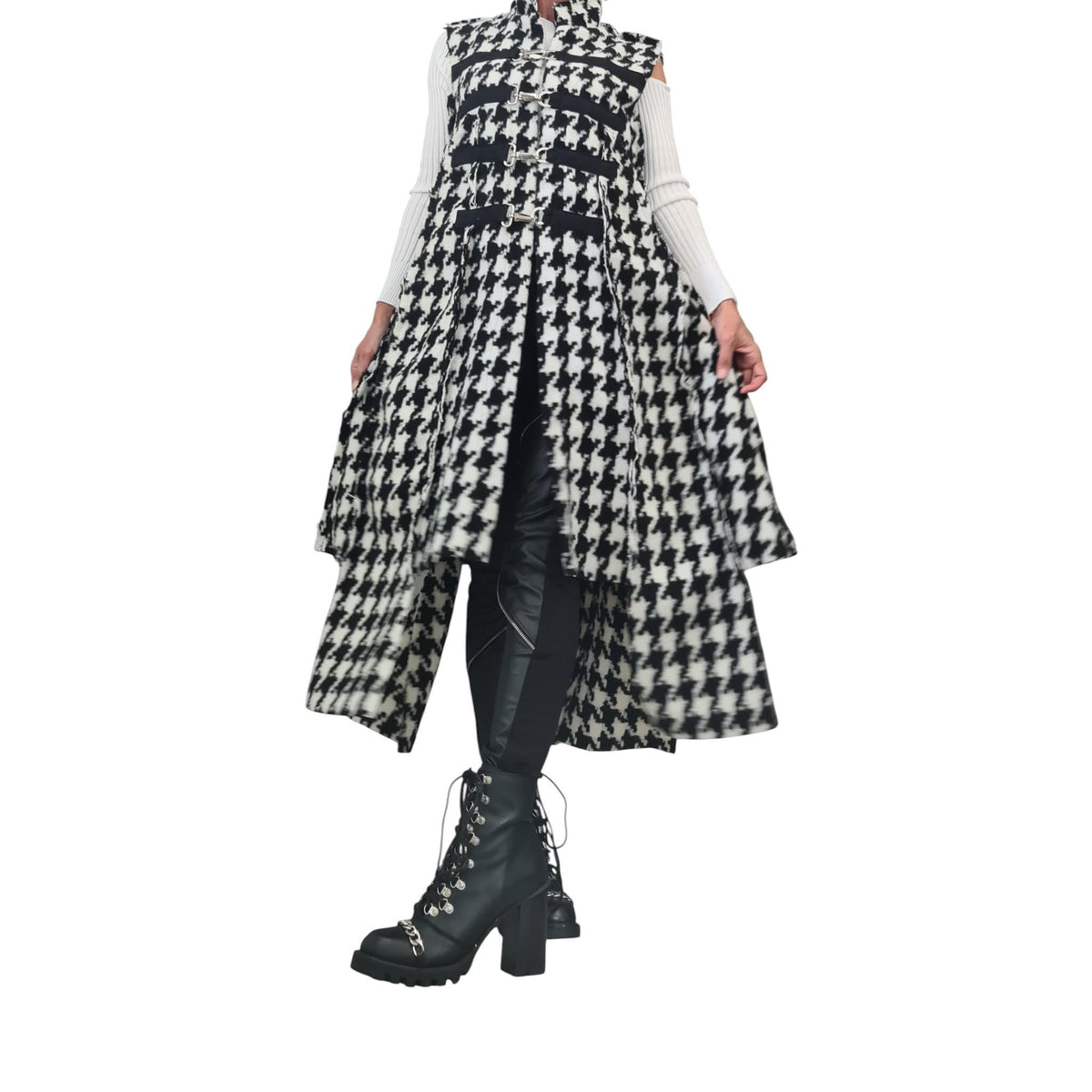 Black and White Houndstooth Maxi Vest, Asymmetric Hem, Buckle Closures, Plus Size Coat